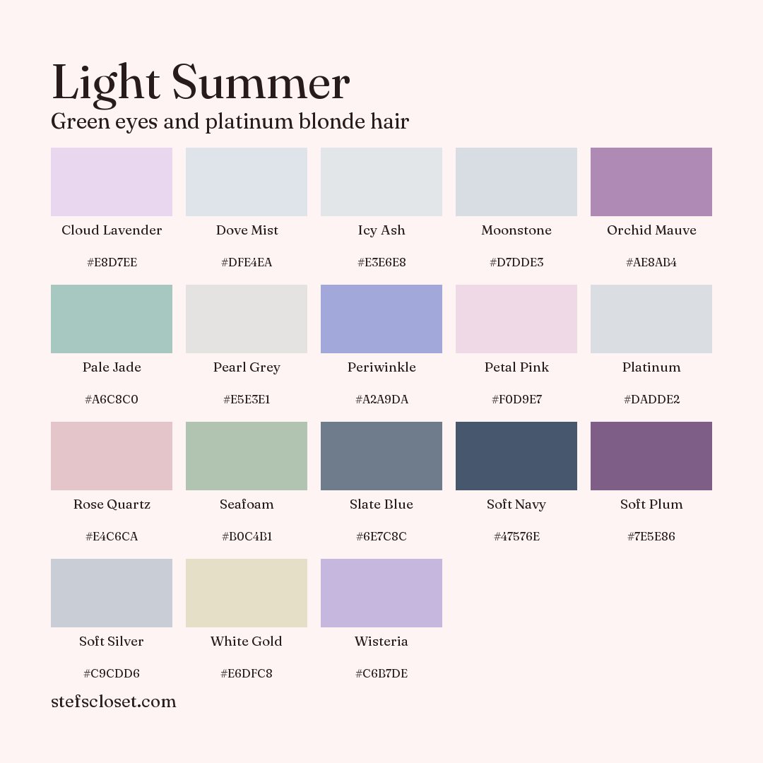 Light Summer palette: 18 colors, Cloud Lavender, Dove Mist, Icy Ash, and more, each with its hex code.