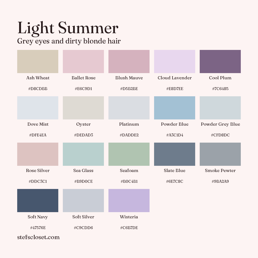 Light Summer palette: 18 colors, Ash Wheat, Ballet Rose, Blush Mauve, and more, each with its hex code.