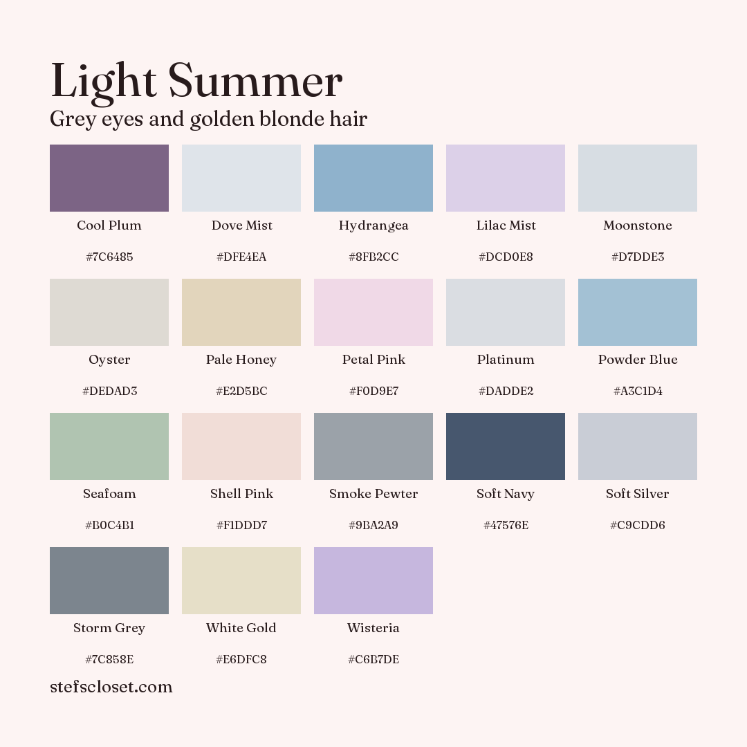 Light Summer palette: 18 colors, Cool Plum, Dove Mist, Hydrangea, and more, each with its hex code.