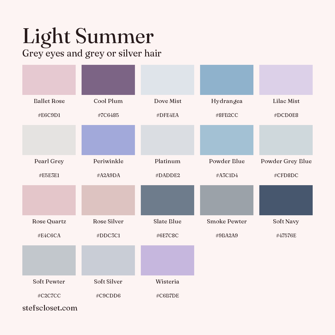 Light Summer palette: 18 colors, Ballet Rose, Cool Plum, Dove Mist, and more, each with its hex code.