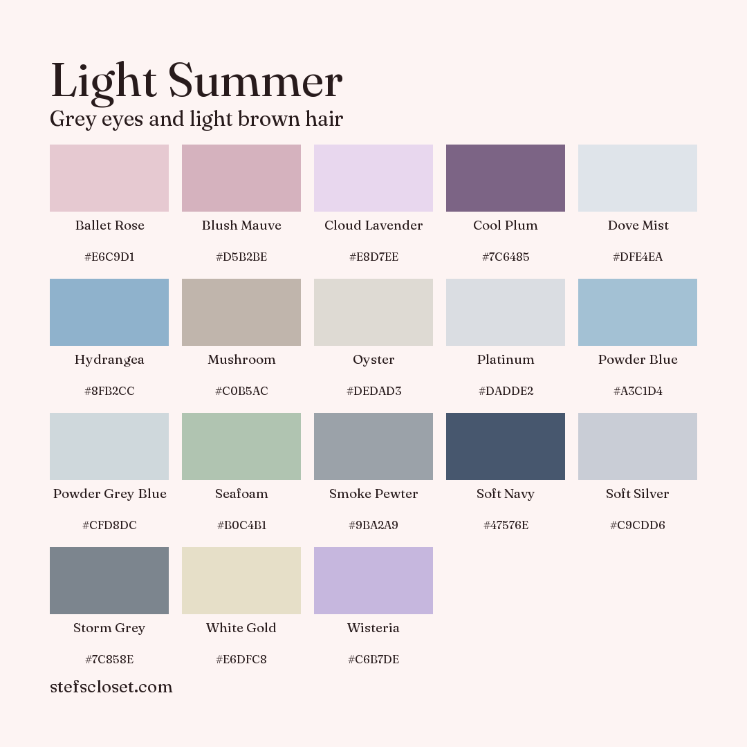 Light Summer palette: 18 colors, Ballet Rose, Blush Mauve, Cloud Lavender, and more, each with its hex code.