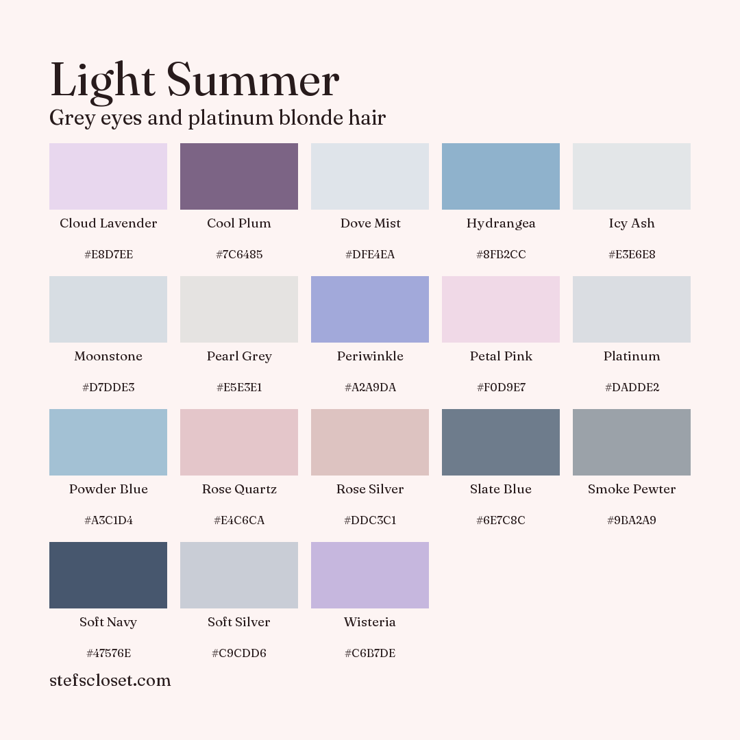 Light Summer palette: 18 colors, Cloud Lavender, Cool Plum, Dove Mist, and more, each with its hex code.