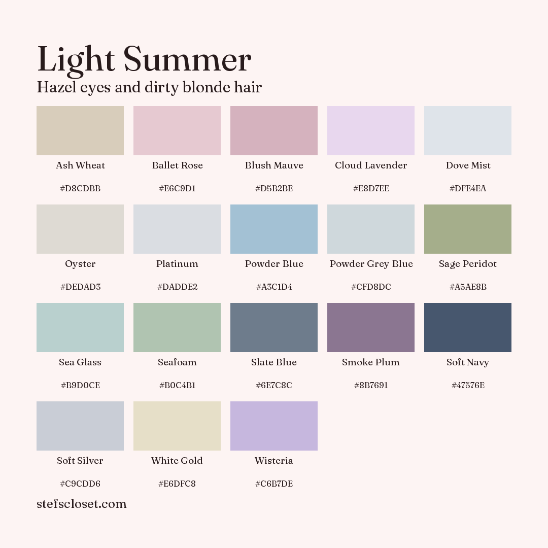Light Summer palette: 18 colors, Ash Wheat, Ballet Rose, Blush Mauve, and more, each with its hex code.