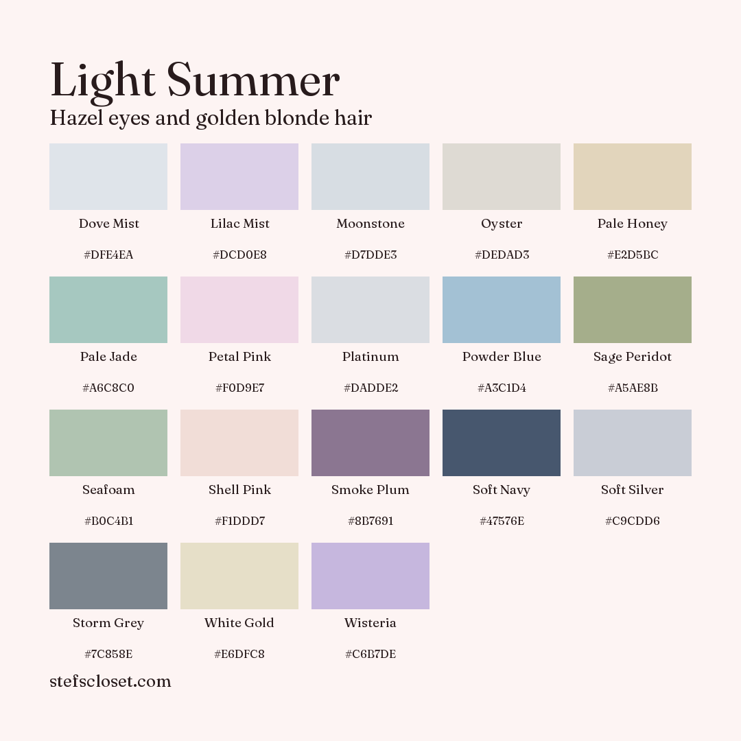 Light Summer palette: 18 colors, Dove Mist, Lilac Mist, Moonstone, and more, each with its hex code.