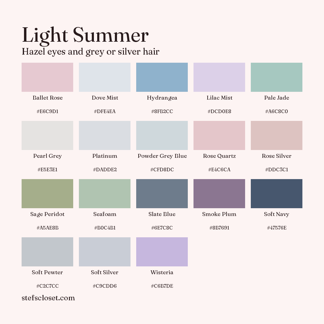 Light Summer palette: 18 colors, Ballet Rose, Dove Mist, Hydrangea, and more, each with its hex code.