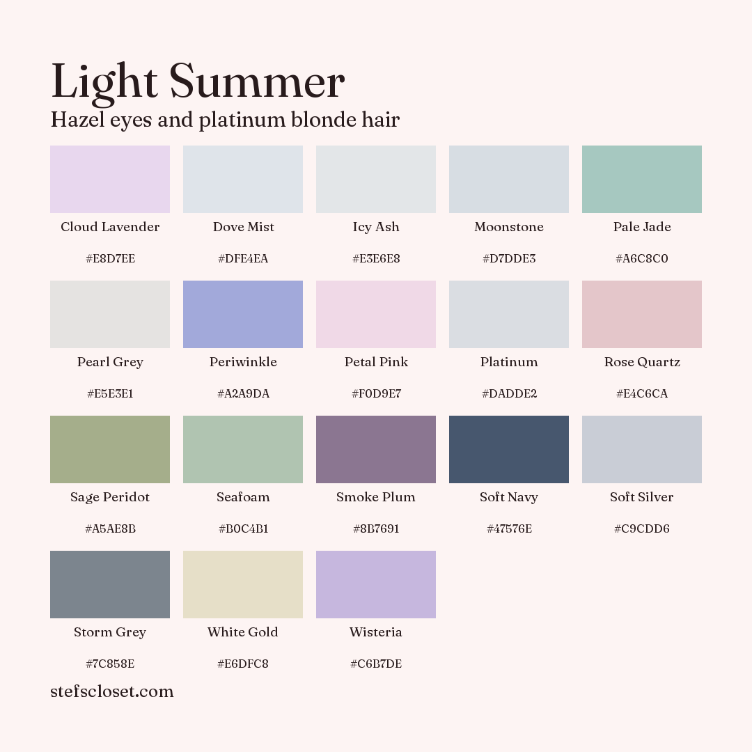 Light Summer palette: 18 colors, Cloud Lavender, Dove Mist, Icy Ash, and more, each with its hex code.