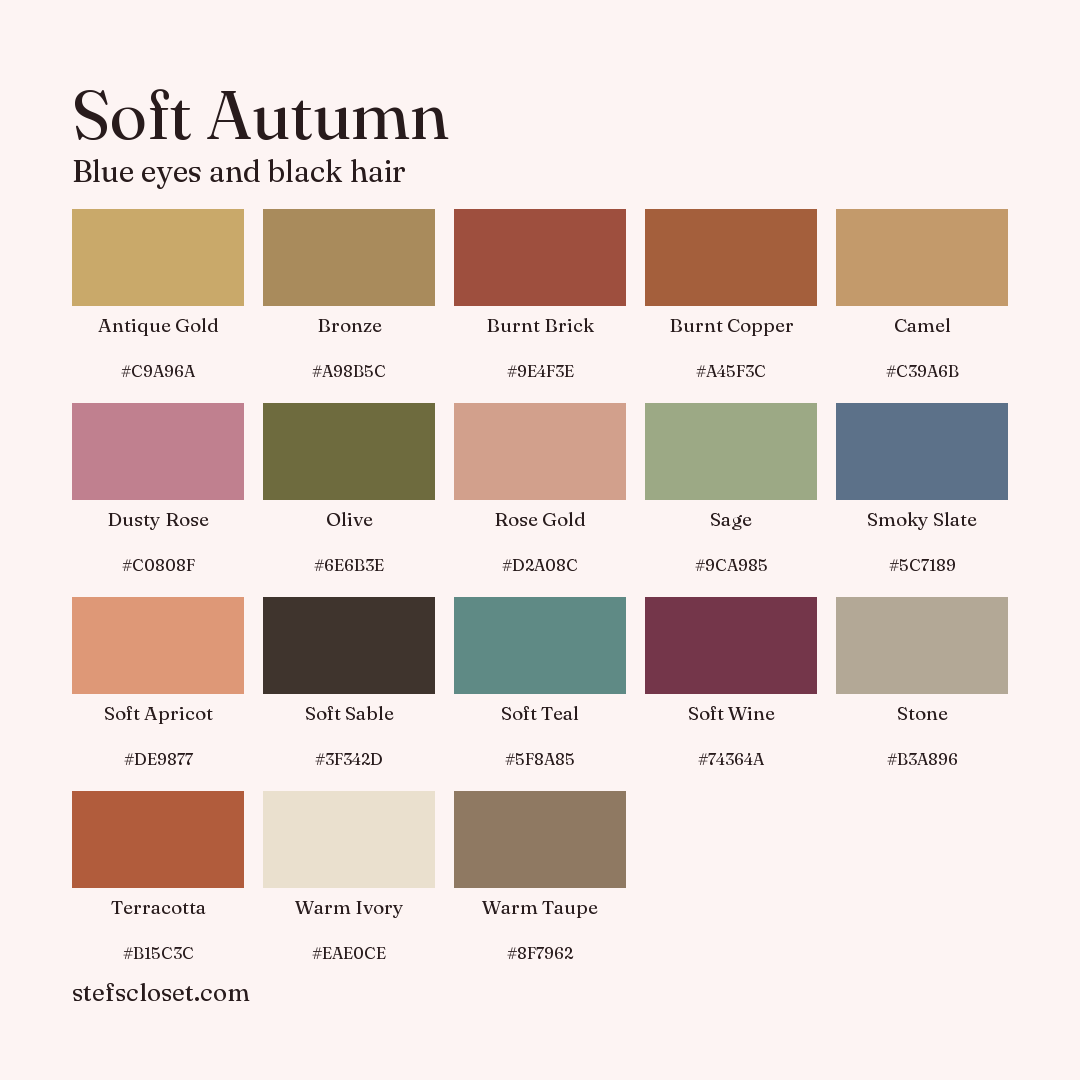 Soft Autumn palette: 18 colors, Antique Gold, Bronze, Burnt Brick, and more, each with its hex code.