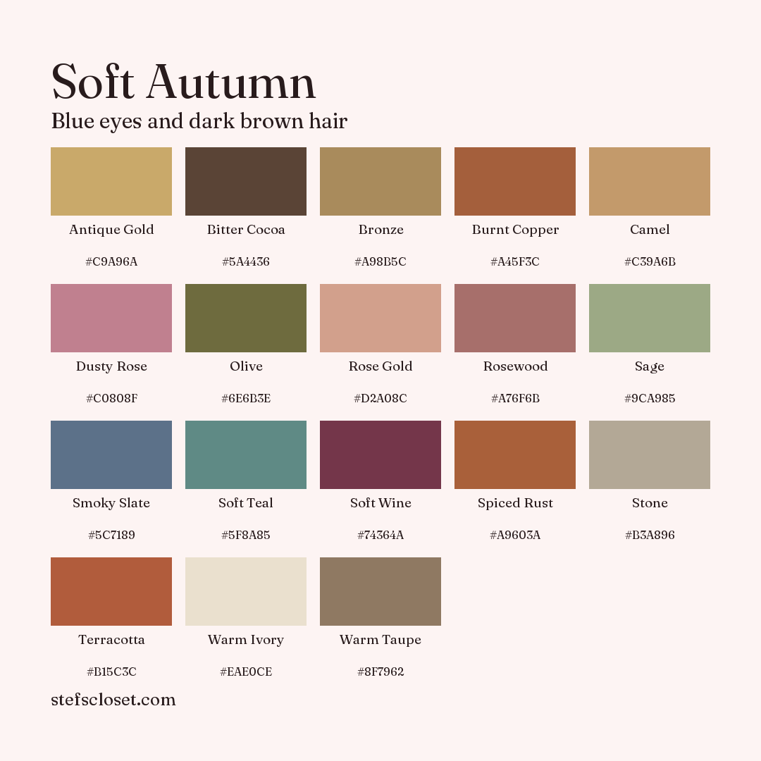 Soft Autumn palette: 18 colors, Antique Gold, Bitter Cocoa, Bronze, and more, each with its hex code.