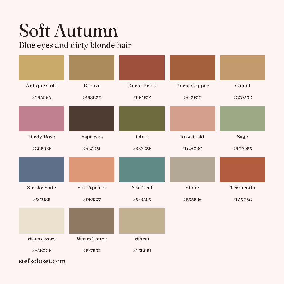 Soft Autumn palette: 18 colors, Antique Gold, Bronze, Burnt Brick, and more, each with its hex code.