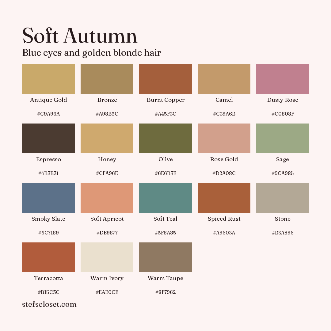 Soft Autumn palette: 18 colors, Antique Gold, Bronze, Burnt Copper, and more, each with its hex code.