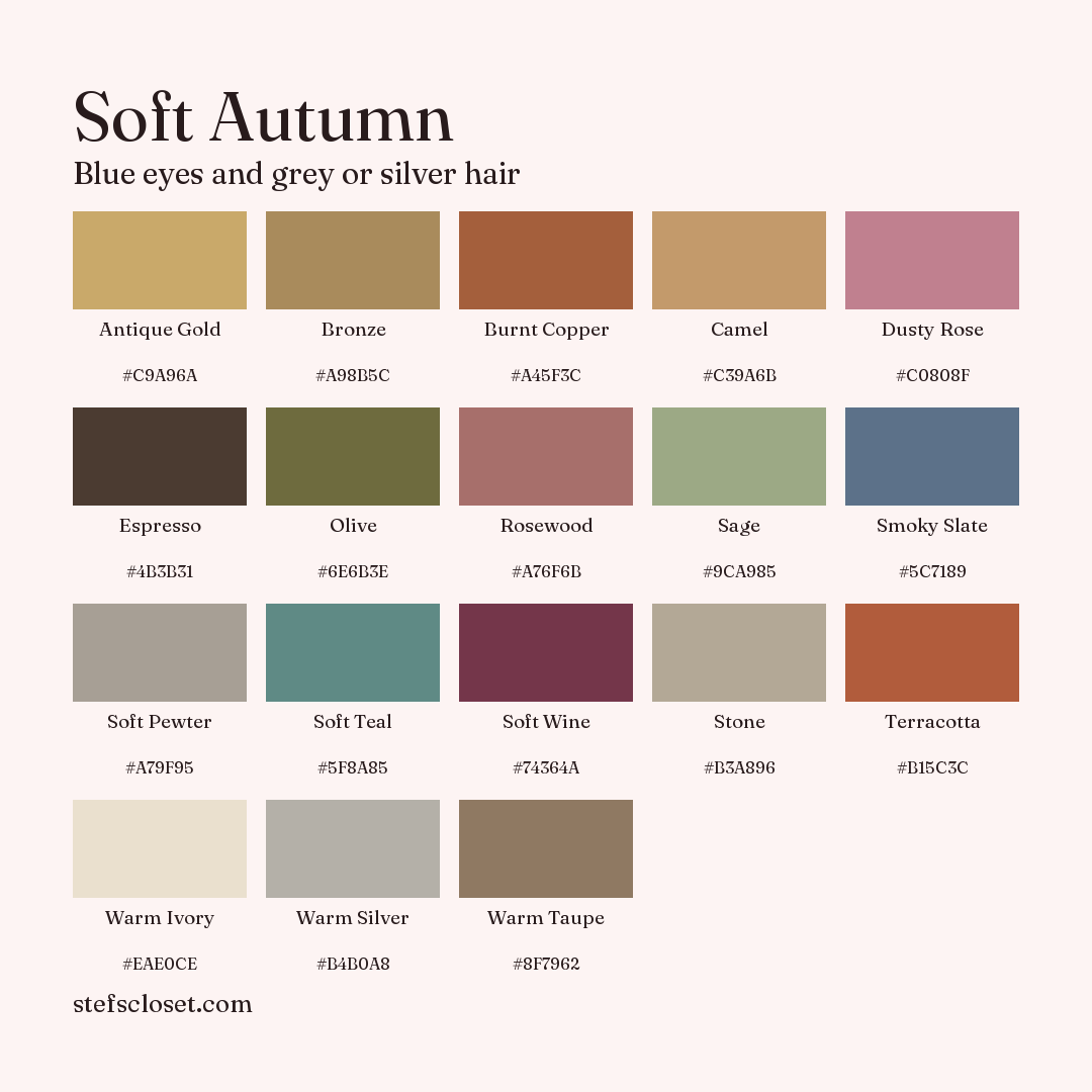 Soft Autumn palette: 18 colors, Antique Gold, Bronze, Burnt Copper, and more, each with its hex code.
