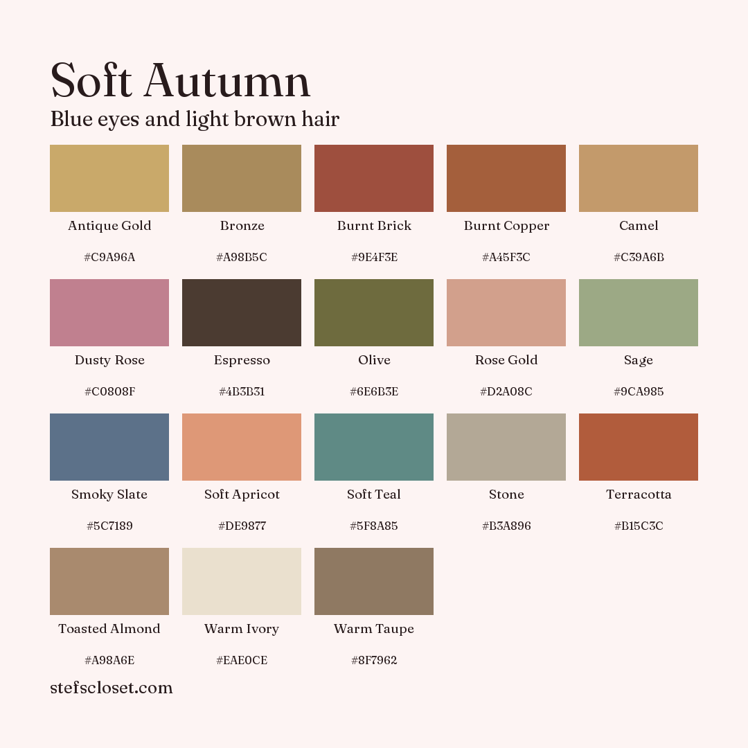 Soft Autumn palette: 18 colors, Antique Gold, Bronze, Burnt Brick, and more, each with its hex code.