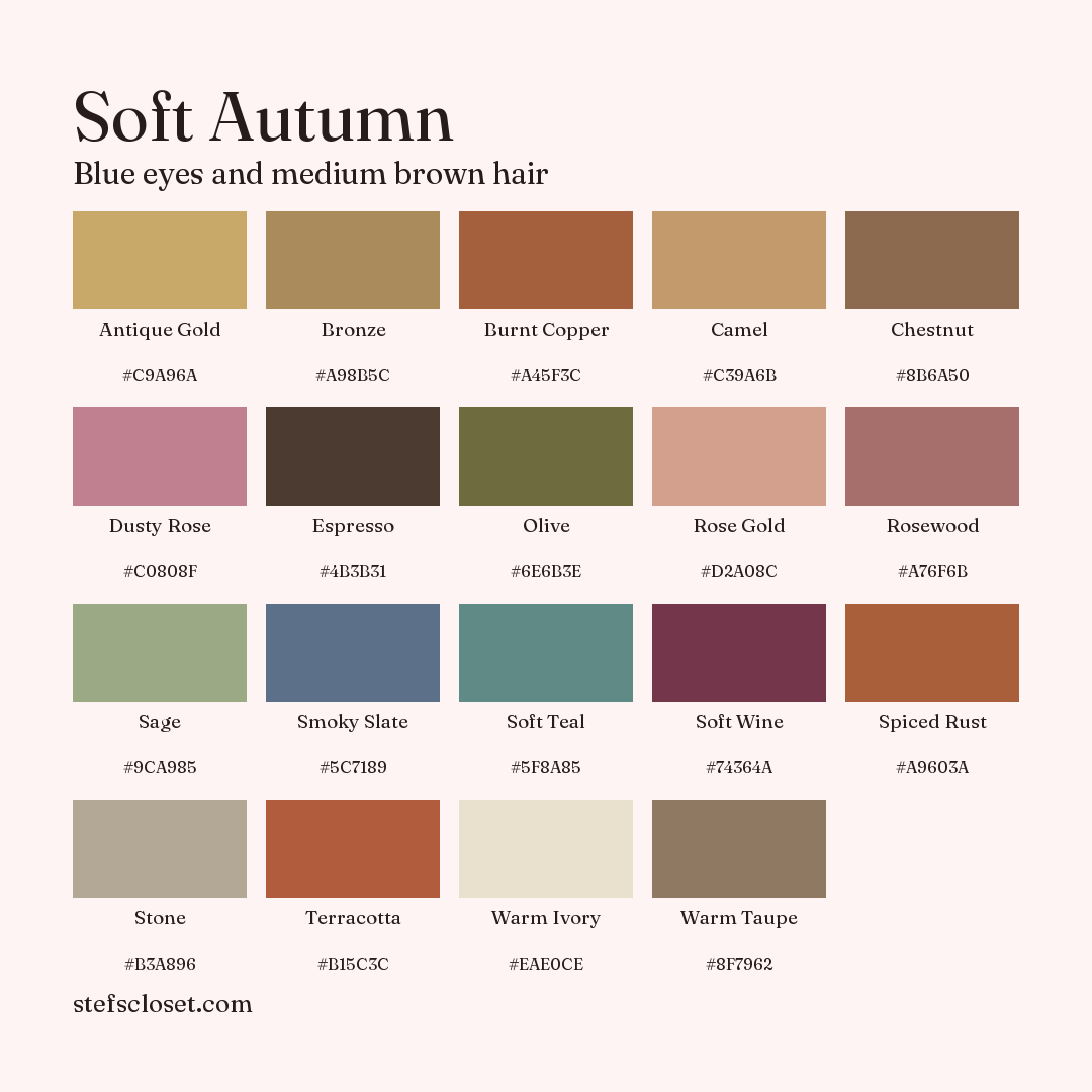 Soft Autumn palette: 19 colors, Antique Gold, Bronze, Burnt Copper, and more, each with its hex code.