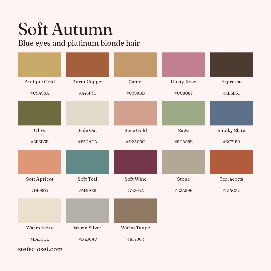 Soft Autumn palette: 18 colors, Antique Gold, Burnt Copper, Camel, and more, each with its hex code.