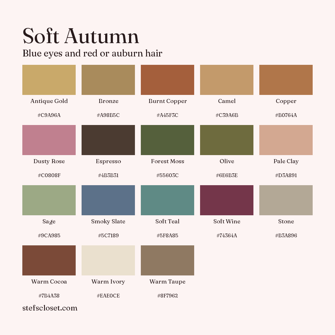Soft Autumn palette: 18 colors, Antique Gold, Bronze, Burnt Copper, and more, each with its hex code.