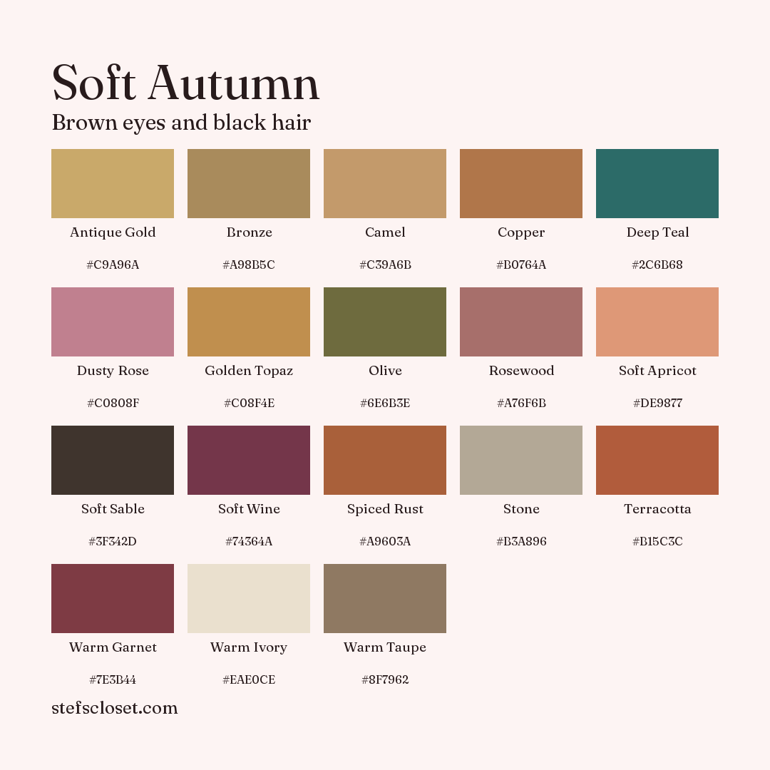 Soft Autumn palette: 18 colors, Antique Gold, Bronze, Camel, and more, each with its hex code.