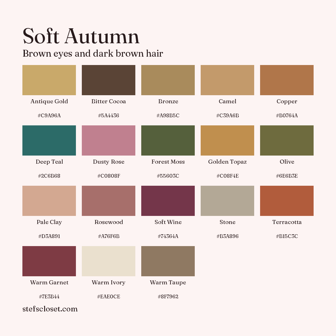 Soft Autumn palette: 18 colors, Antique Gold, Bitter Cocoa, Bronze, and more, each with its hex code.