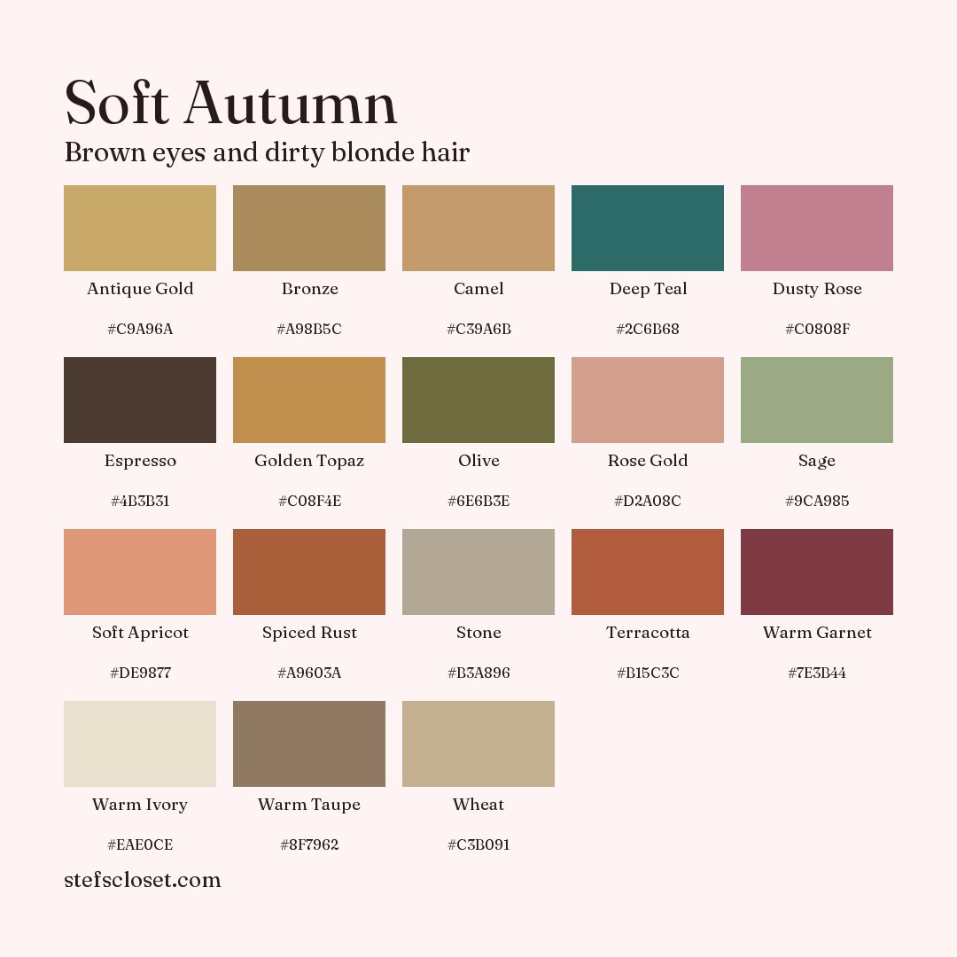 Soft Autumn palette: 18 colors, Antique Gold, Bronze, Camel, and more, each with its hex code.