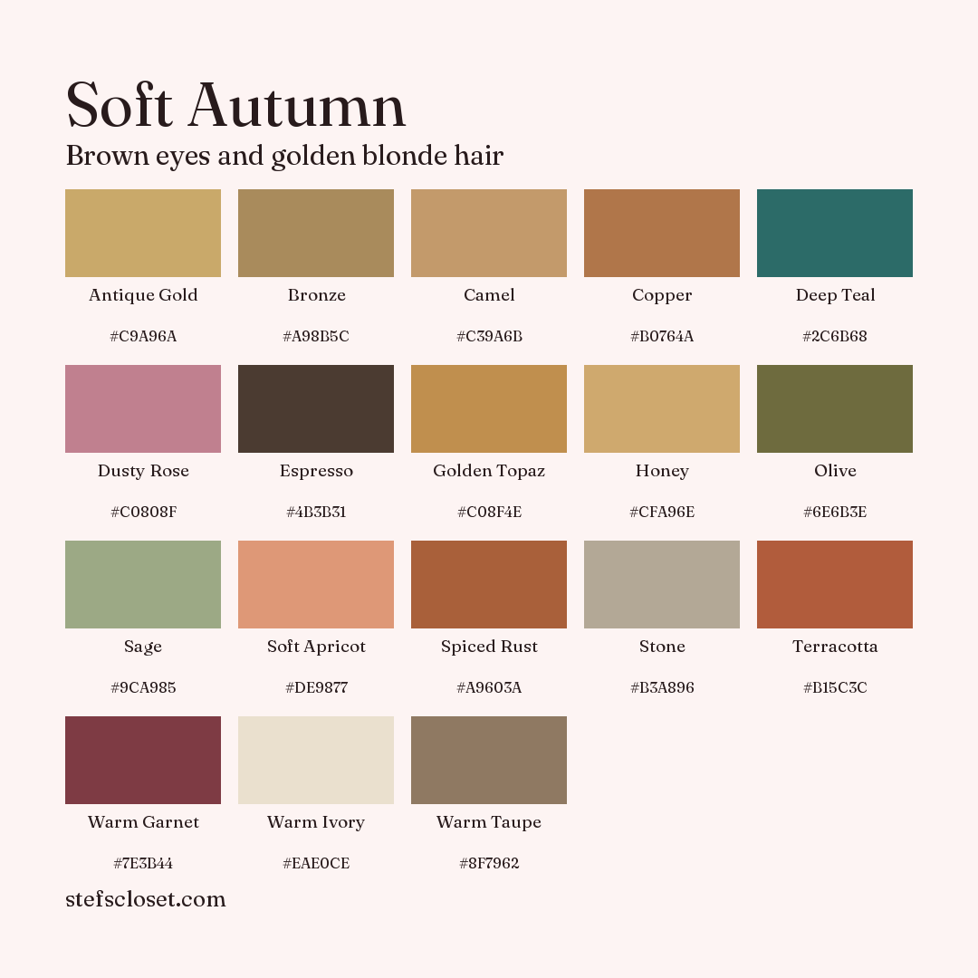 Soft Autumn palette: 18 colors, Antique Gold, Bronze, Camel, and more, each with its hex code.