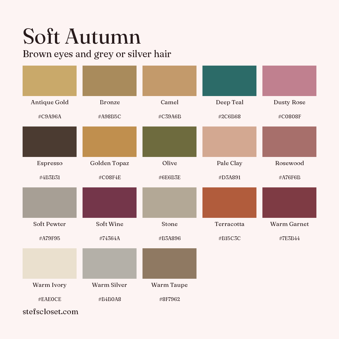 Soft Autumn palette: 18 colors, Antique Gold, Bronze, Camel, and more, each with its hex code.