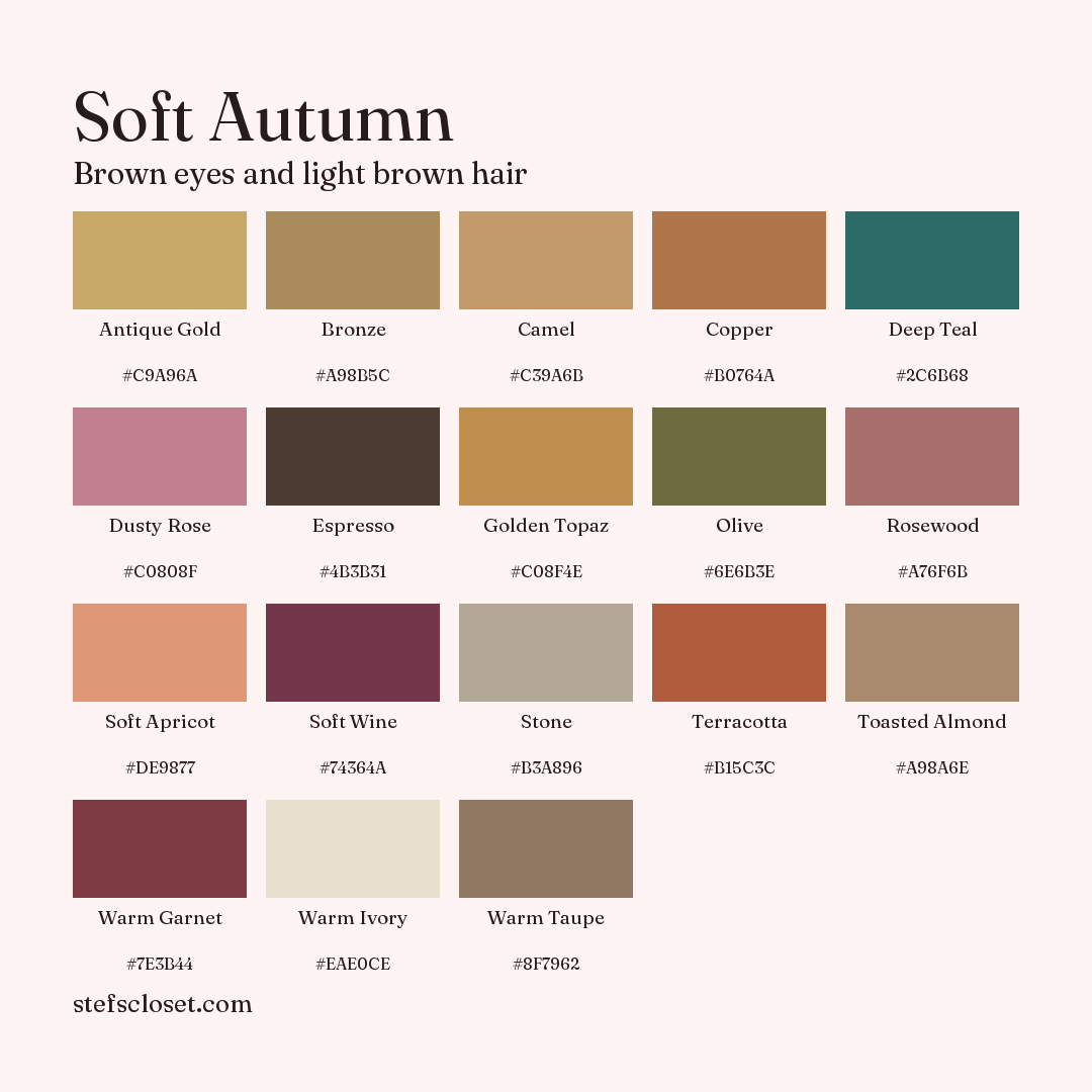 Soft Autumn palette: 18 colors, Antique Gold, Bronze, Camel, and more, each with its hex code.