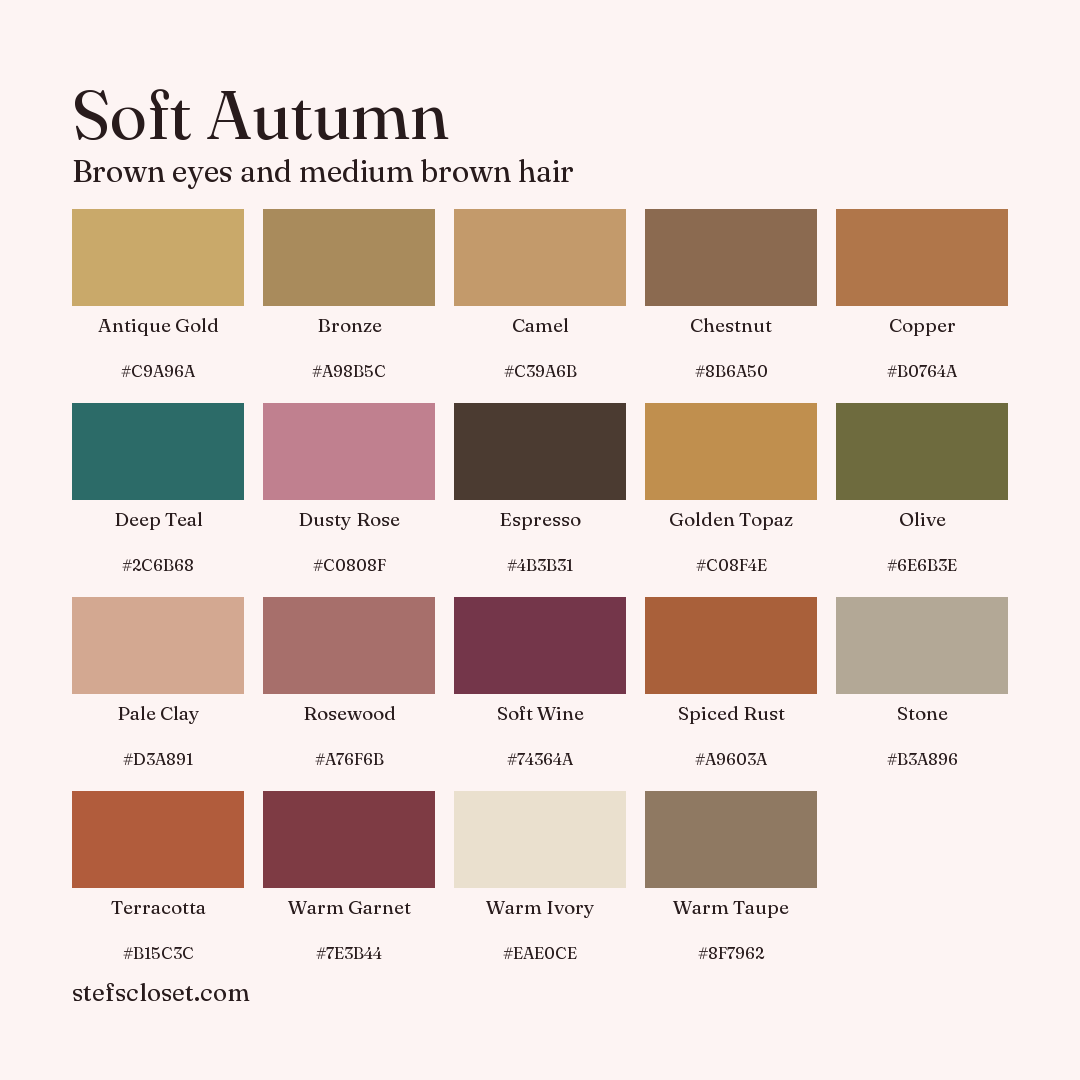 Soft Autumn palette: 19 colors, Antique Gold, Bronze, Camel, and more, each with its hex code.