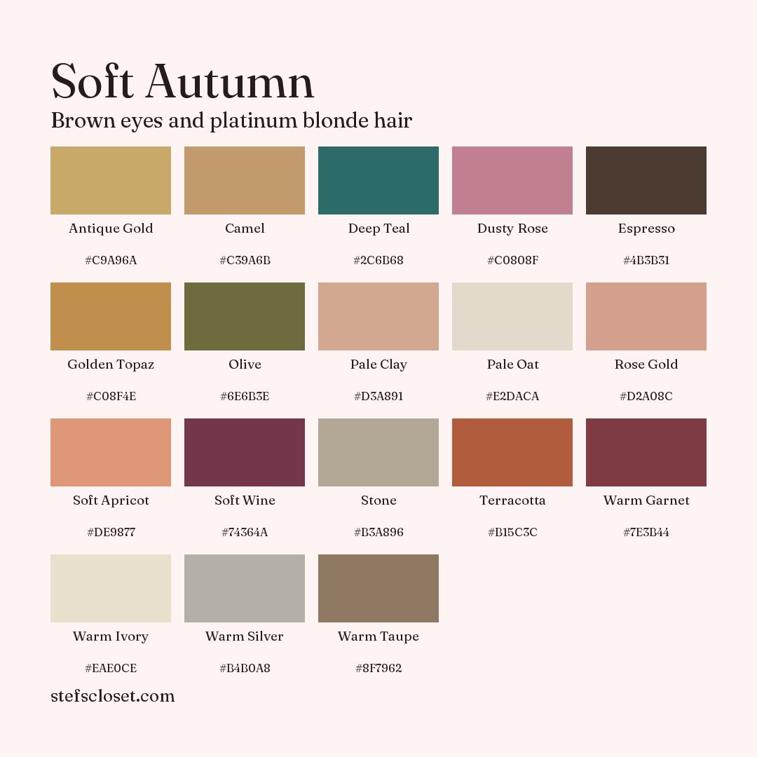 Soft Autumn palette: 18 colors, Antique Gold, Camel, Deep Teal, and more, each with its hex code.
