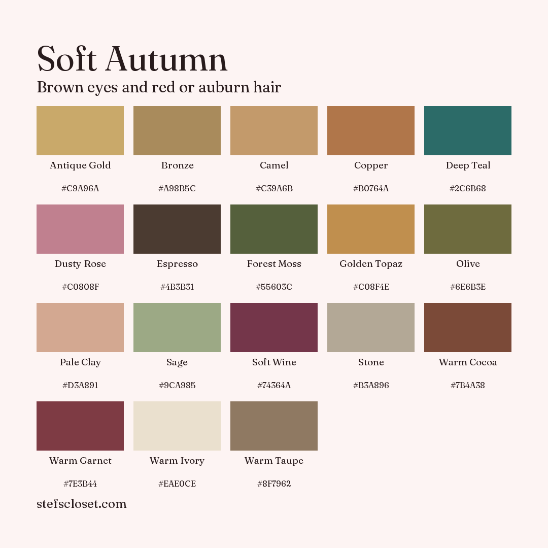 Soft Autumn palette: 18 colors, Antique Gold, Bronze, Camel, and more, each with its hex code.