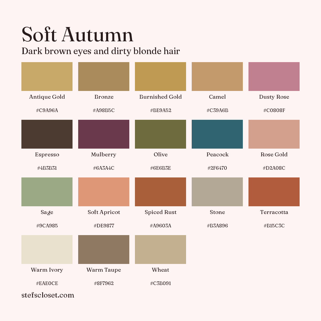 Soft Autumn palette: 18 colors, Antique Gold, Bronze, Burnished Gold, and more, each with its hex code.