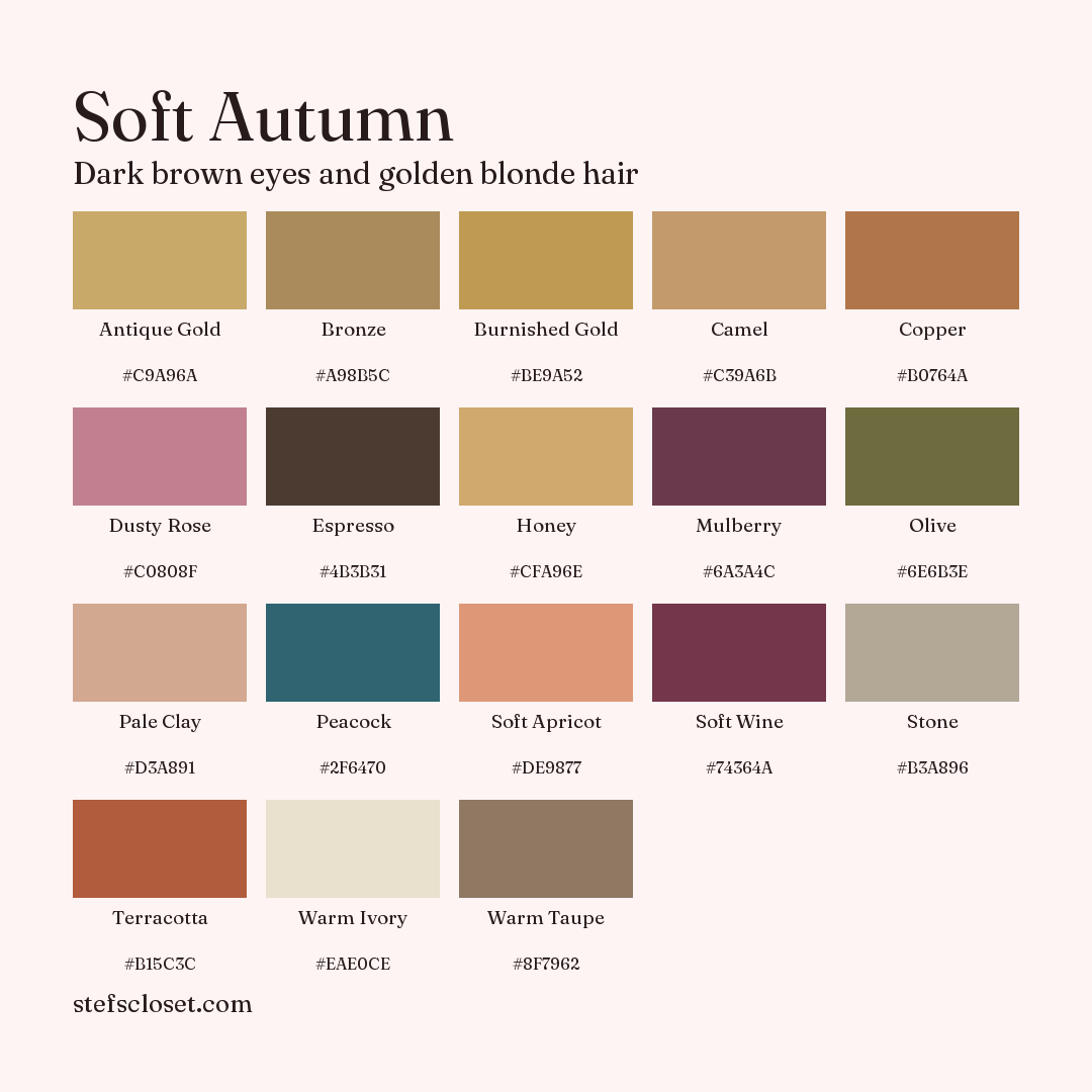 Soft Autumn palette: 18 colors, Antique Gold, Bronze, Burnished Gold, and more, each with its hex code.