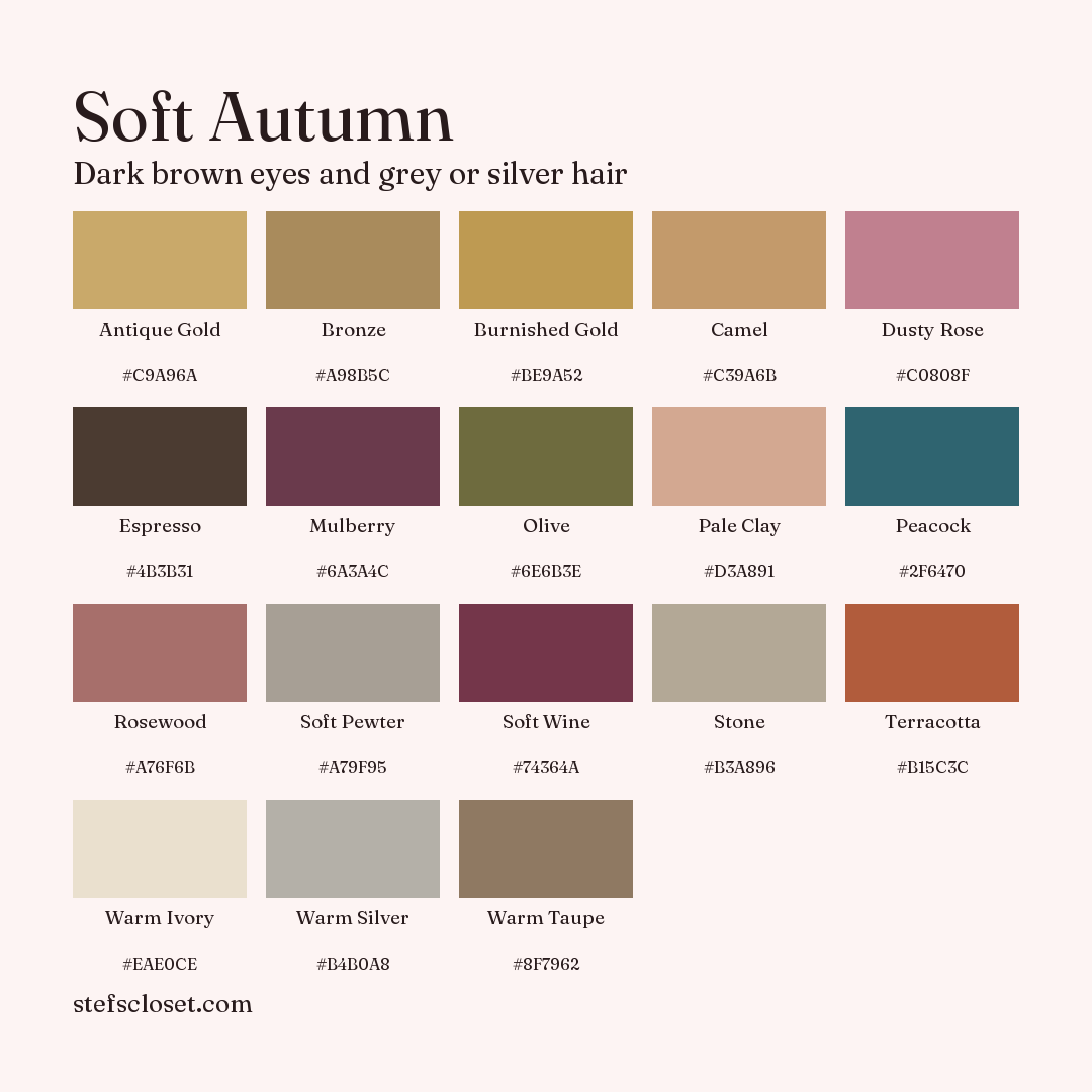 Soft Autumn palette: 18 colors, Antique Gold, Bronze, Burnished Gold, and more, each with its hex code.