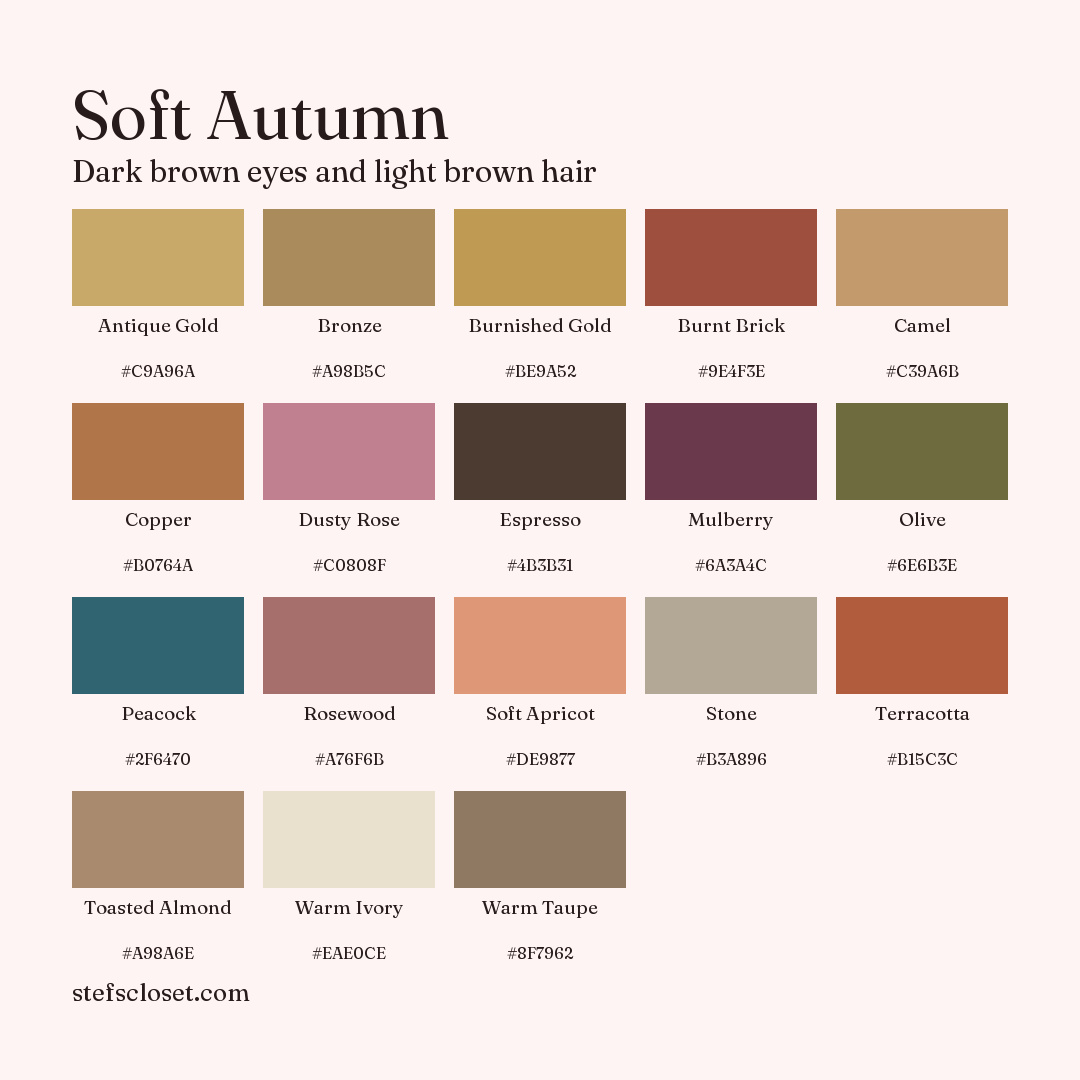 Soft Autumn palette: 18 colors, Antique Gold, Bronze, Burnished Gold, and more, each with its hex code.