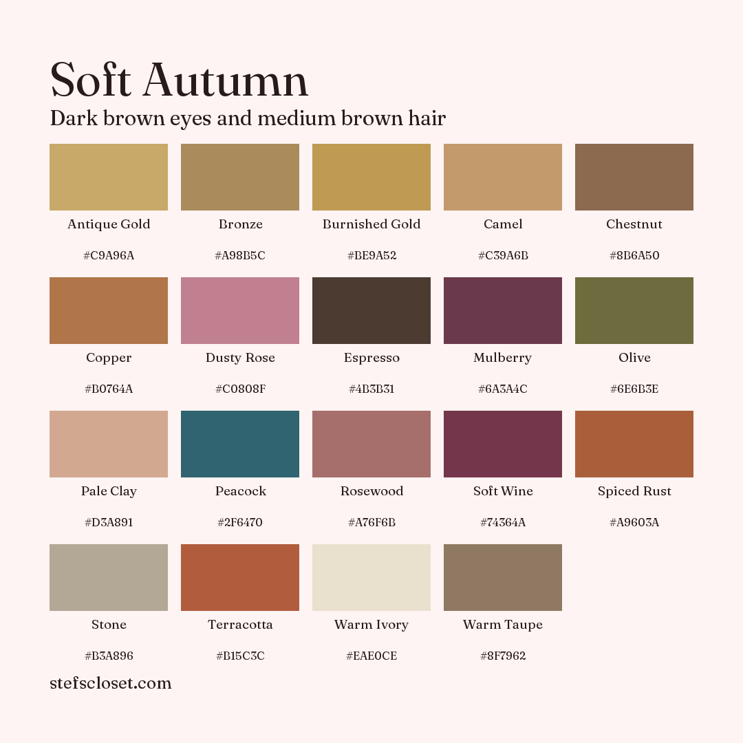 Soft Autumn palette: 19 colors, Antique Gold, Bronze, Burnished Gold, and more, each with its hex code.