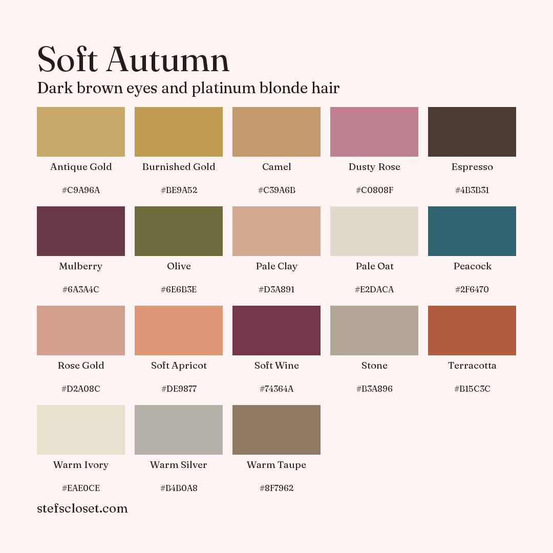Soft Autumn palette: 18 colors, Antique Gold, Burnished Gold, Camel, and more, each with its hex code.