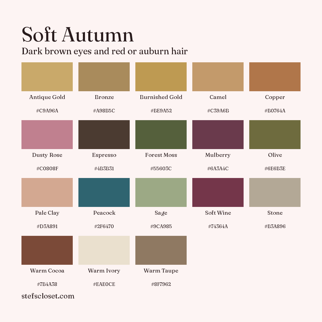 Soft Autumn palette: 18 colors, Antique Gold, Bronze, Burnished Gold, and more, each with its hex code.