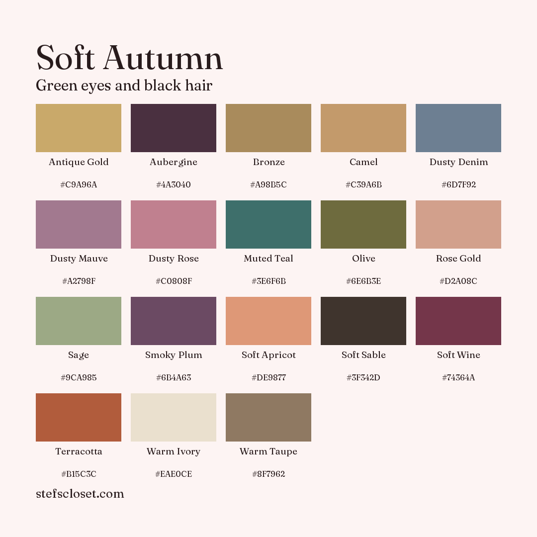 Soft Autumn palette: 18 colors, Antique Gold, Aubergine, Bronze, and more, each with its hex code.