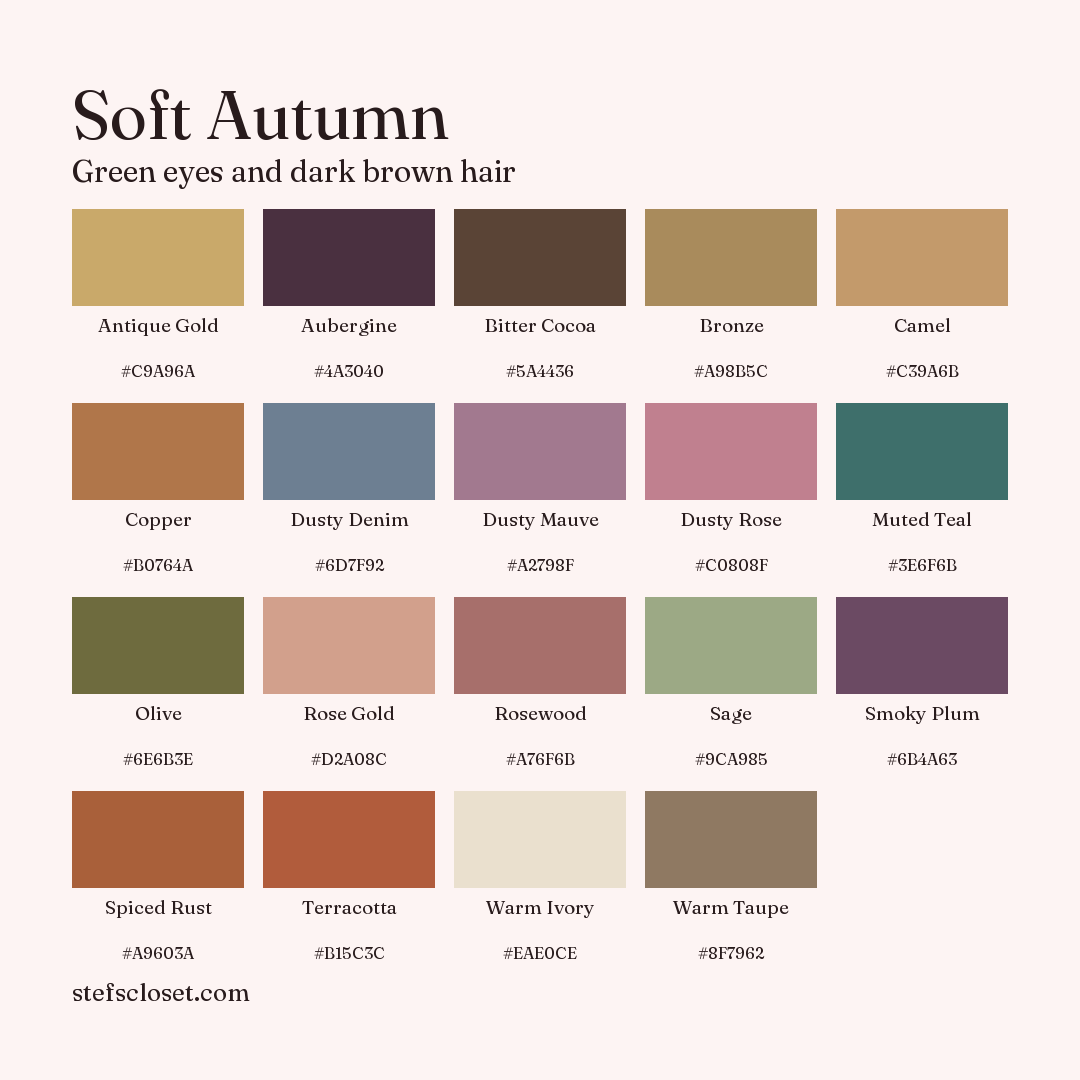 Soft Autumn palette: 19 colors, Antique Gold, Aubergine, Bitter Cocoa, and more, each with its hex code.