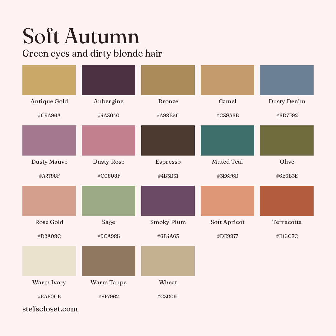 Soft Autumn palette: 18 colors, Antique Gold, Aubergine, Bronze, and more, each with its hex code.