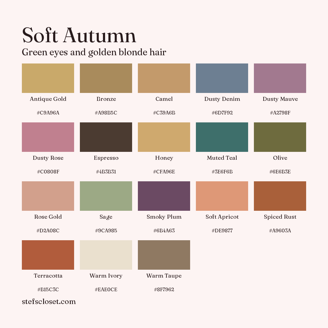 Soft Autumn palette: 18 colors, Antique Gold, Bronze, Camel, and more, each with its hex code.