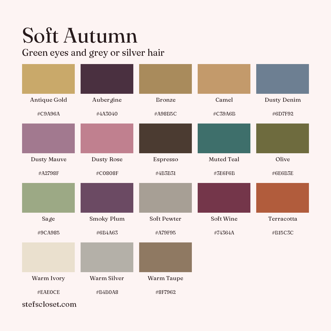 Soft Autumn palette: 18 colors, Antique Gold, Aubergine, Bronze, and more, each with its hex code.