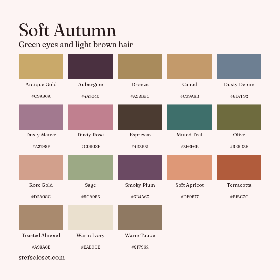 Soft Autumn palette: 18 colors, Antique Gold, Aubergine, Bronze, and more, each with its hex code.
