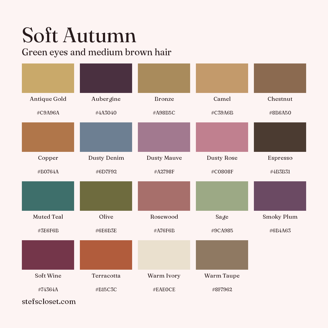 Soft Autumn palette: 19 colors, Antique Gold, Aubergine, Bronze, and more, each with its hex code.
