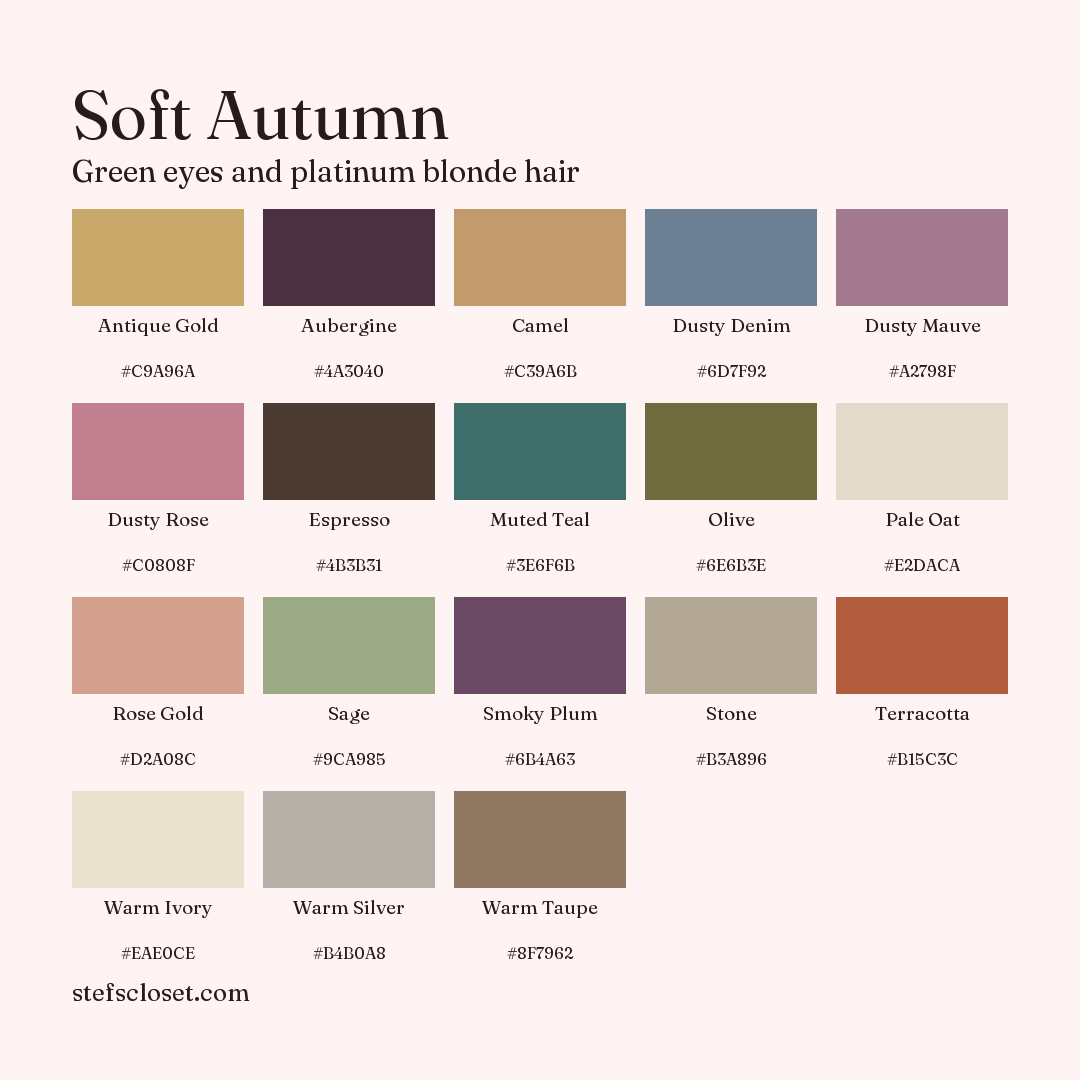 Soft Autumn palette: 18 colors, Antique Gold, Aubergine, Camel, and more, each with its hex code.