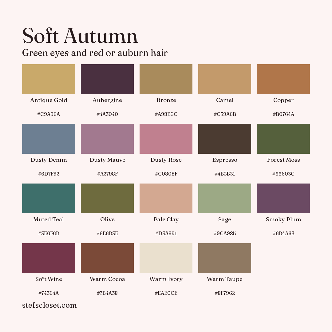 Soft Autumn palette: 19 colors, Antique Gold, Aubergine, Bronze, and more, each with its hex code.