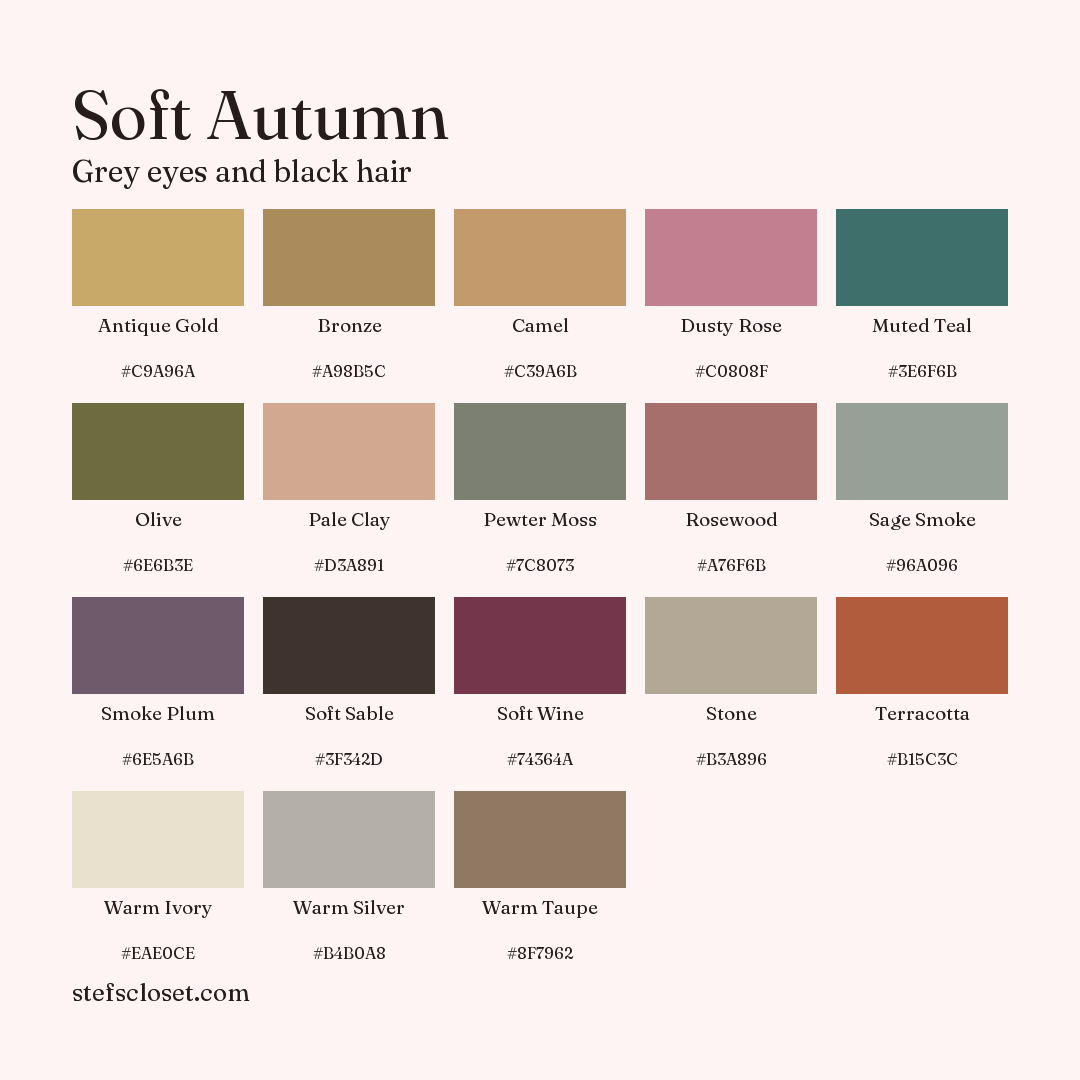 Soft Autumn palette: 18 colors, Antique Gold, Bronze, Camel, and more, each with its hex code.