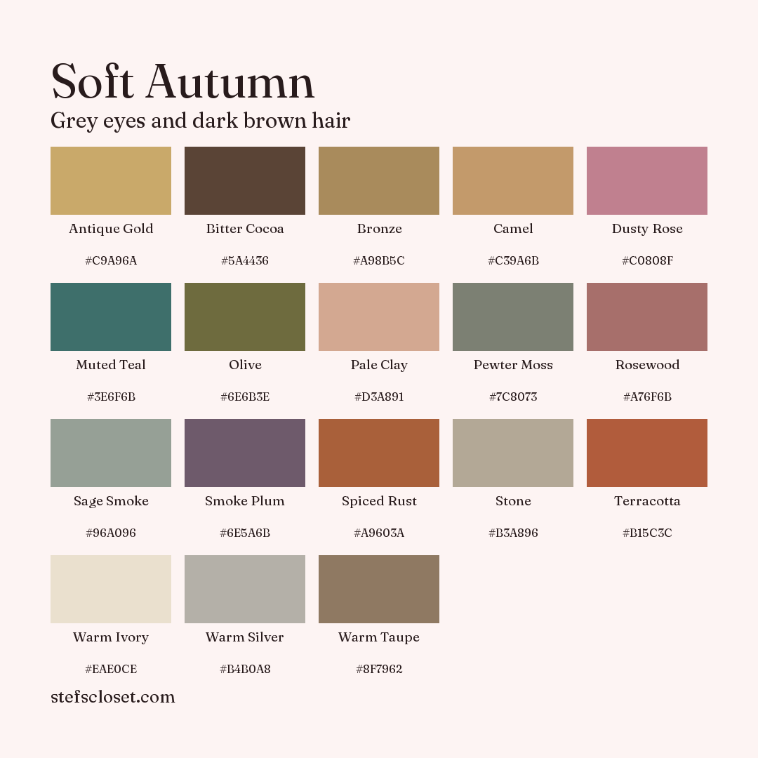 Soft Autumn palette: 18 colors, Antique Gold, Bitter Cocoa, Bronze, and more, each with its hex code.
