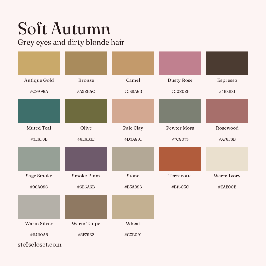 Soft Autumn palette: 18 colors, Antique Gold, Bronze, Camel, and more, each with its hex code.