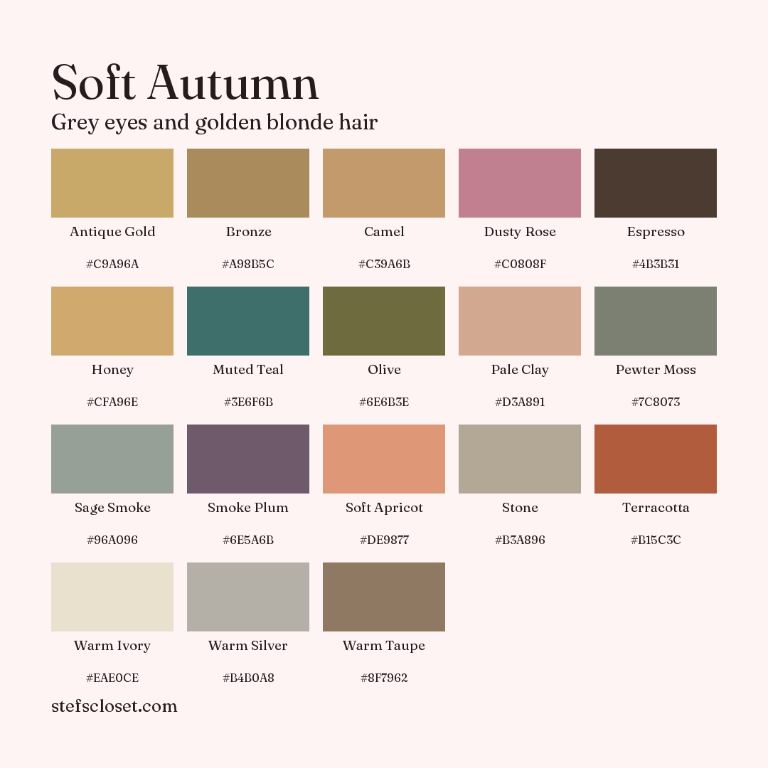 Soft Autumn palette: 18 colors, Antique Gold, Bronze, Camel, and more, each with its hex code.