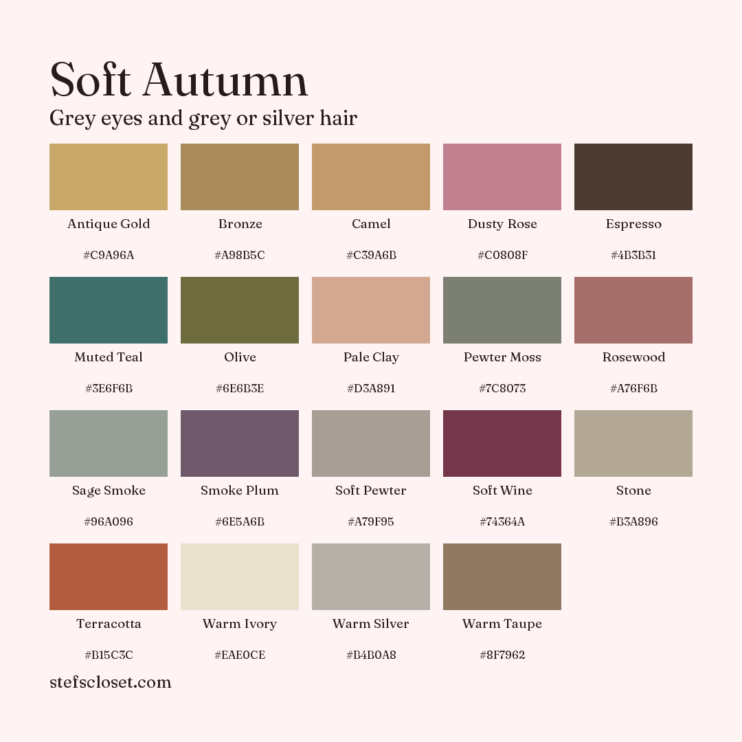 Soft Autumn palette: 19 colors, Antique Gold, Bronze, Camel, and more, each with its hex code.