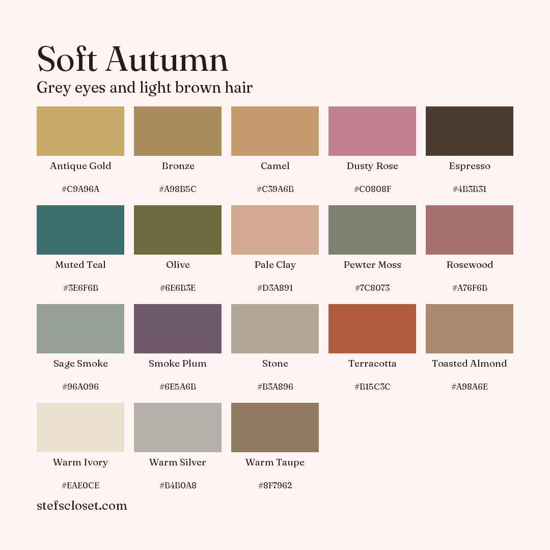 Soft Autumn palette: 18 colors, Antique Gold, Bronze, Camel, and more, each with its hex code.